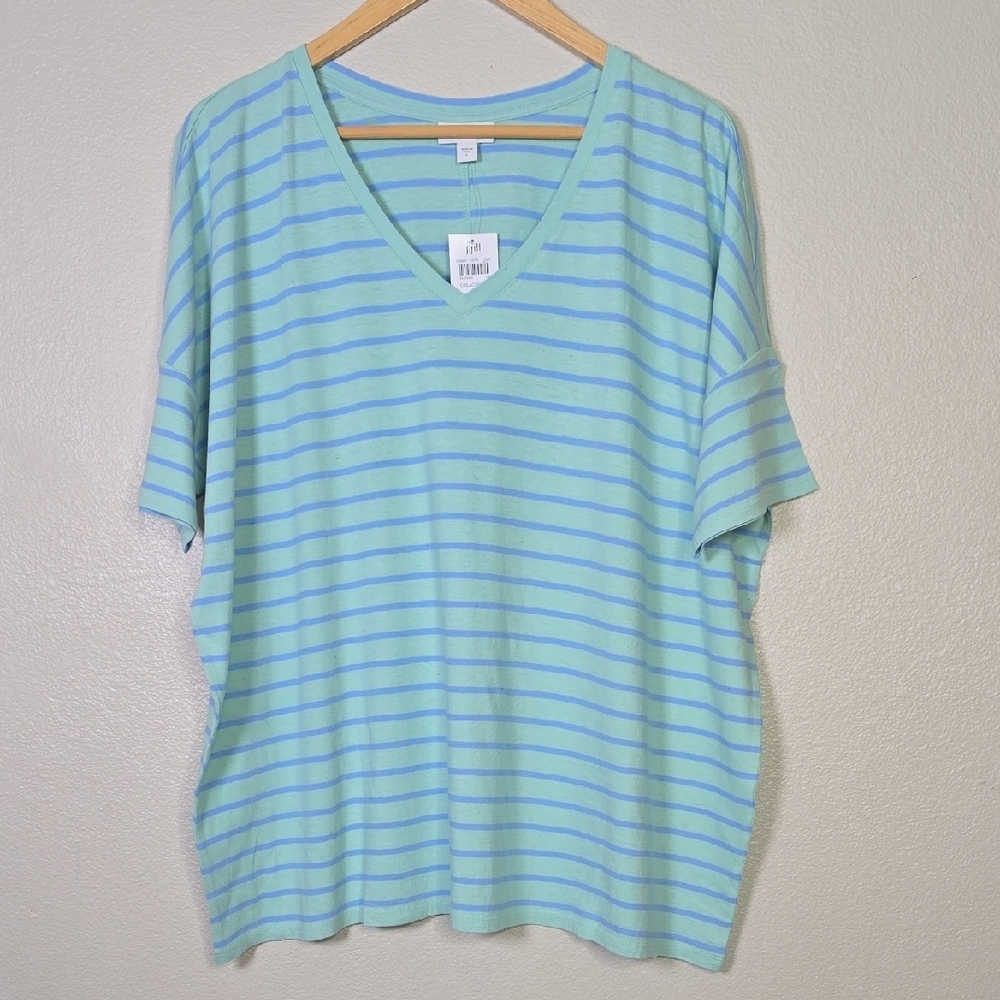 J. Jill Mint and Light Blue Striped V‑Neck Tee Linen Cotton Blen Relax Tee L.